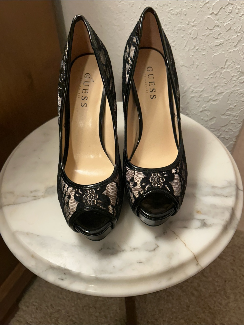 GUESS Black Lace Peep-Toe Platform Heels. Like new. 7.5